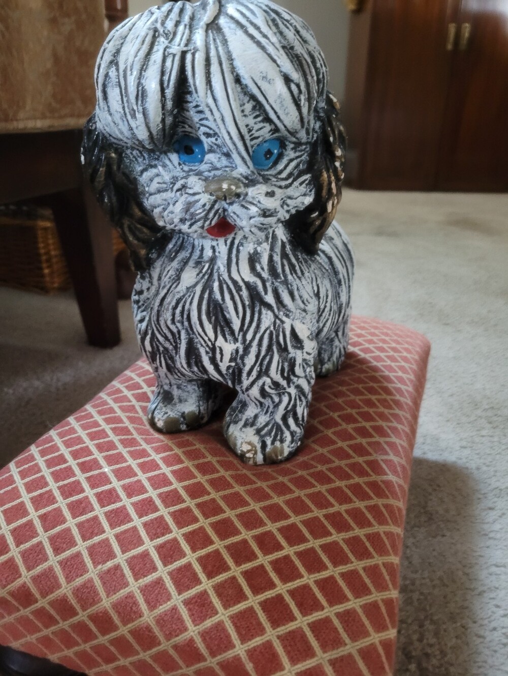Vintage Mid-Century Shaggy Dog Coin Bank  Black & White Ceramic Puppy Coin Bank